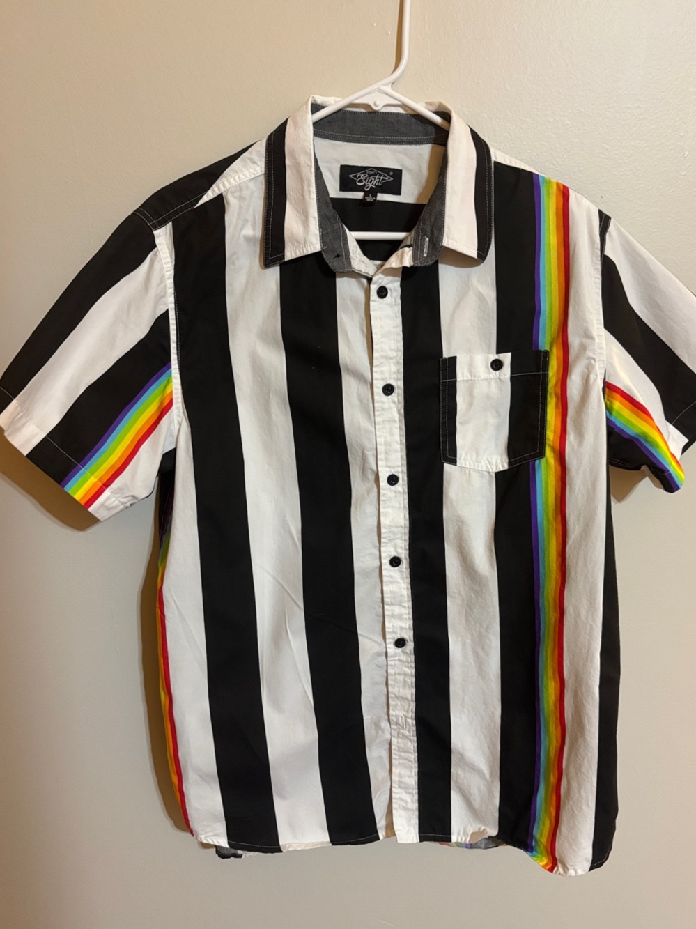 Eighty Eight Black & White Vertical Stripe Short Sleeve Shirt w/ Rainbow Accents